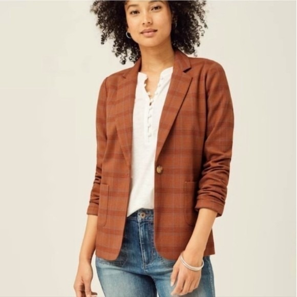 New J. Jill Blazer Jacket Medium Petite Auburn Plaid Bohemian 1 Button MP Career - Picture 2 of 11
